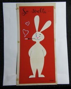 VALENTINES Cute White Rabbit Smoking w/ Hearts 7x14.5 Greeting Card Art #V3831