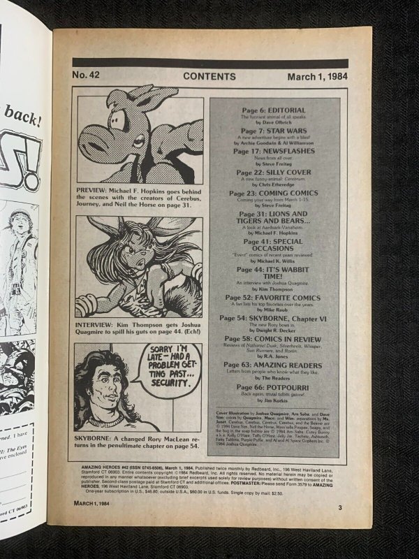 1984 AMAZING HEROES Comic Magazine #42 FN+ 6.5 Cerebus Dave Sim
