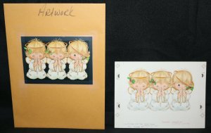 3 Cherub Angels Praying Original Christmas Greeting Card Painted Art