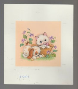 EASTER Cute Kitten & Puppy in Basket Purple Flower 6x7 Greeting Card Art #E2071