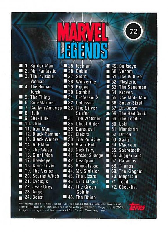 2001 Marvel Legends card set #1-72 complete NM/MT