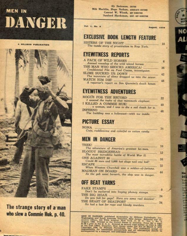 Men In Danger Magazine August 1956- Sisters of the Night G/VG