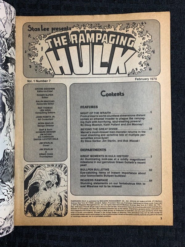 1978 RAMPAGING HULK Marvel Magazine #7 VG 4.0 Jim Starlin Man-Thing