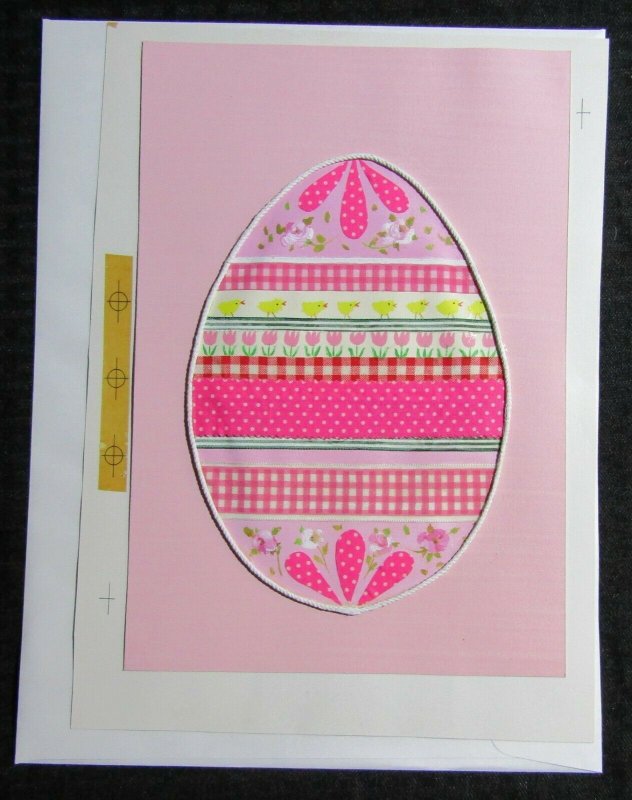 EASTER Fabric Striped Pink Egg w/ Flowers 9x12 Greeting Card Art #E2813