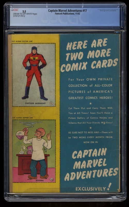 Captain Marvel Adventures #17 CGC VG- 3.5 Classic WWII War Cover!