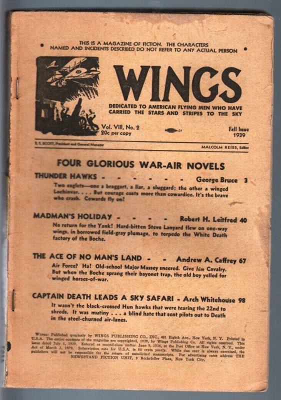 WINGS FALL 1939-GEORGE BRUCE-AVIATION PULP P/FR