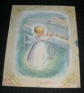 CHRISTMAS Angel baby Playing Carols on Piano 6x7.5 Greeting Card Art #EED