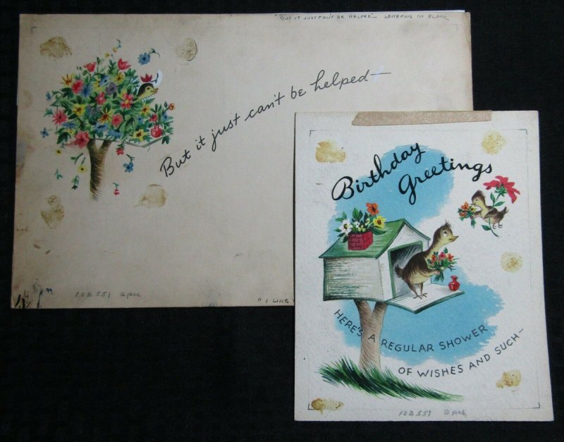 BIRTHDAY Painted Birds in Birdhouse Flowers 2pcs 12.5x8 Greeting Card Art #B551