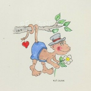 VALENTINE Cartoon Monkey on Branch w/ Heart Flower 7x11 Greeting Card Art #V3532