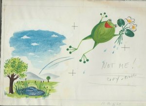 HAPPY BIRTHDAY Happy Frog w/ Lillypads & Flowers 12.5x9 Greeting Card Art #B568
