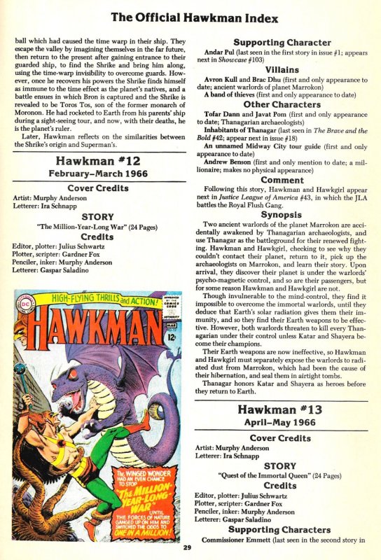 The OFFICIAL HAWKMAN INDEX #1 & #2 (1986) 8.0 VF Definitive Bibliography 1961-87