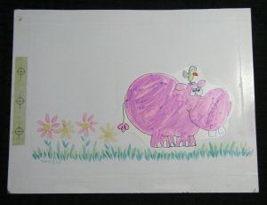 SHAME ON YOU Cartoon Pink Hippo with Bird 11x8.5 Greeting Card Art #B9712