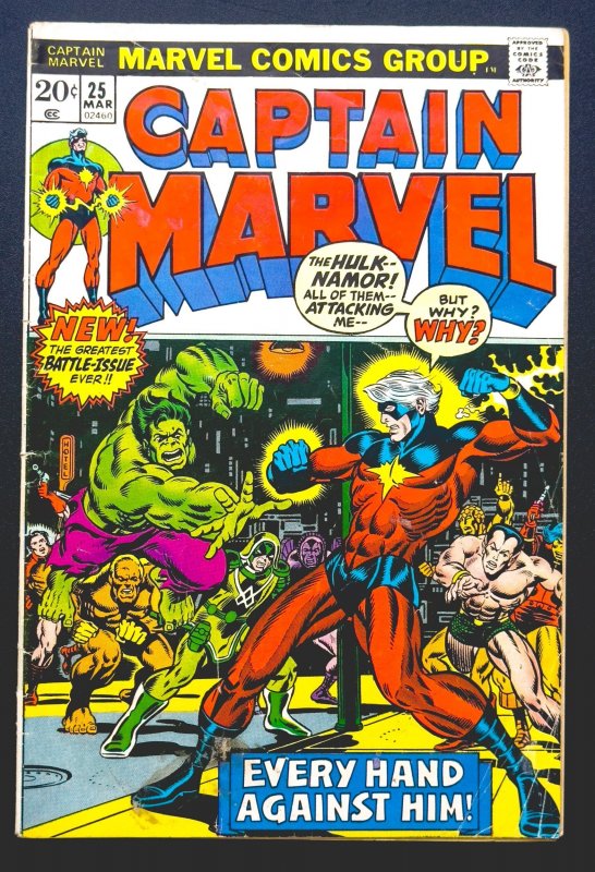 Captain Marvel #25 (1973) - Iconic Hulk & Namor Battle! Jim Starlin Art - VG