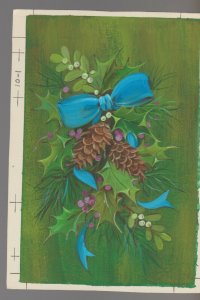 MERRY CHRISTMAS Pine Cones Holly w/ Blue Ribbon 5.25x7.5 Greeting Card Art #101