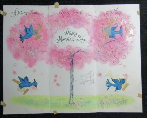 HAPPY MOTHERS DAY Blue Birds with Pink Tree 15x12 Greeting Card Art #MD2515