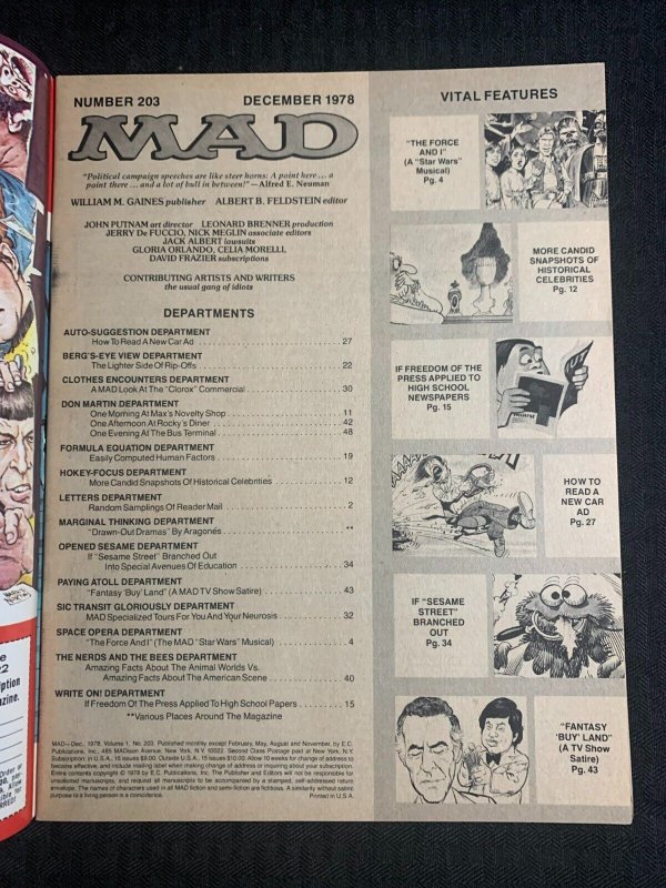 1978 MAD Magazine #203 FVF 7.0 Alfred E Neuman / Star Wars Musical / Sesame St.
