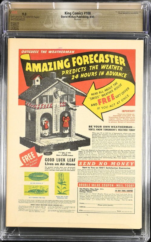 King Comics #108 1945 CGC 9.0 Flash Gordon Lone Ranger Rockford Pedigree