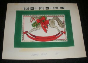 MERRY CHRISTMAS Rocking Horse w/ Wreath & Bow 9x7.25 Greeting Card Art #301