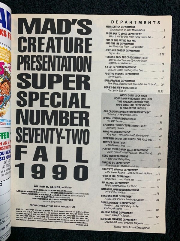1990 MAD SUPER SPECIAL Magazine #72 FN+ 6.5 Our Creature Presentation