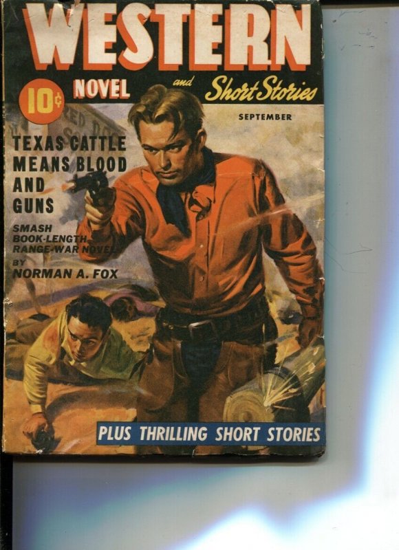 WESTERN NOVEL  AND SHORT STORIES--SEPT 1942-- -GUN FIGHT COVER-- VIOLENT PULP...