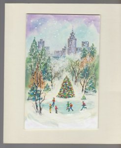 CHRISTMAS Ice Skating on Pond w/ Tree Skyline 8x9.5 Greeting Card Art #FL879