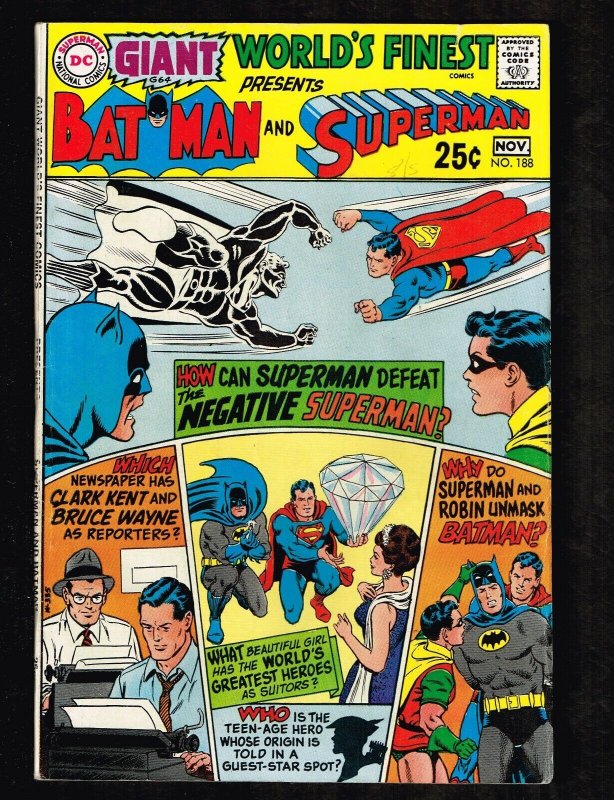 World's Finest #188 ~ Vs. The Negative Superman (Giant) ~ 1969 (7.5) WH