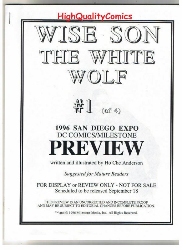 WISE SON, WHITE WOLF #1 Black and White Promo, 1996, VF, Preview, more in store