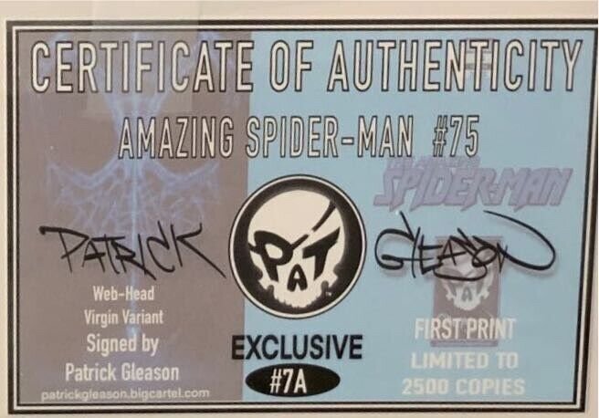 AMAZING SPIDERMAN #75 PATRICK GLEASON VIRGIN VARIANT SIGNED WITH COA NM.