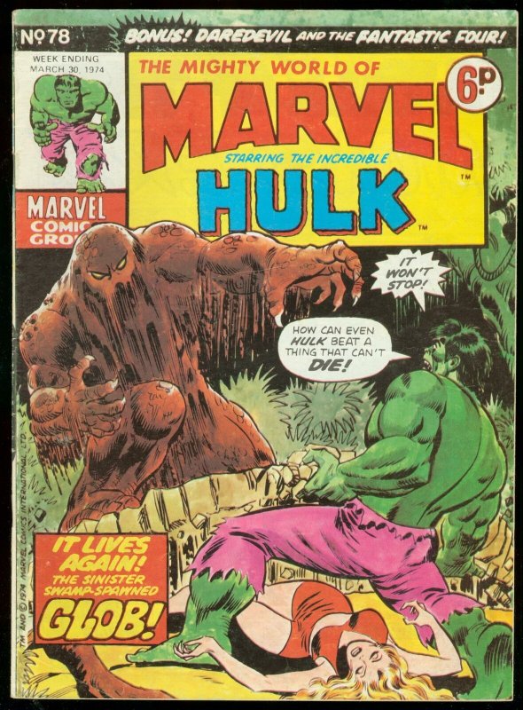 MIGHTY WORLD OF MARVEL #78 1974-HULK COVER-BRITISH-F4 VG