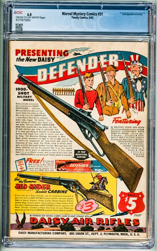 Marvel Mystery Comics #31 (1942) CGC 6.0! Remember Pearl Harbor issue