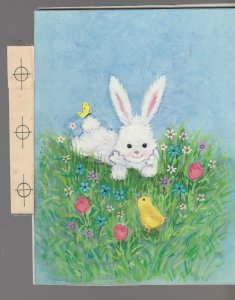 IT'S HERE White Rabbit in Grass w/ Butterfly Chick 5x6.5 Greeting Card Art E2267