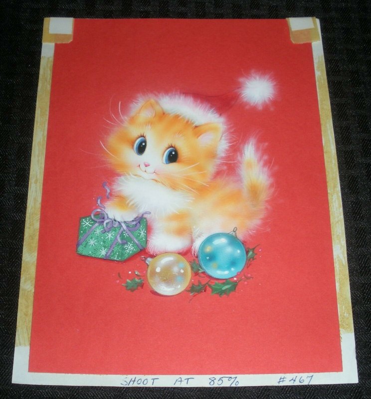 MERRY CHRISTMAS Cute Kitten w/ Ornaments & Present 7x9 Greeting Card Art #467