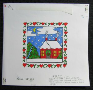 CHRISTMAS House w/ Trees & Heart Border 10.5x10 Greeting Card Art #X7037