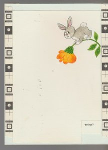 THOUGHT I'D DROP IN Cartoon Rabbit on Flower 5.5x7 Greeting Card Art #M9411