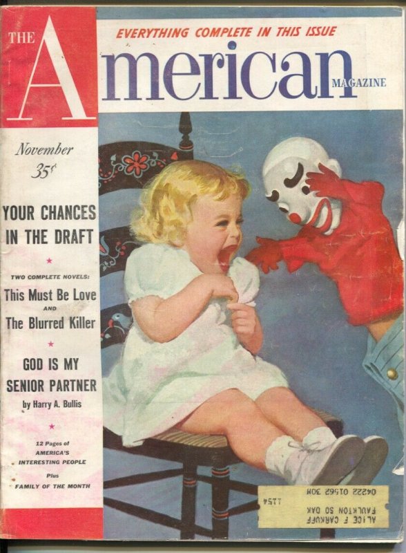 American Magazine 11/1953-scary clown cover-Hugh B Cave-pulp fiction-classic ...