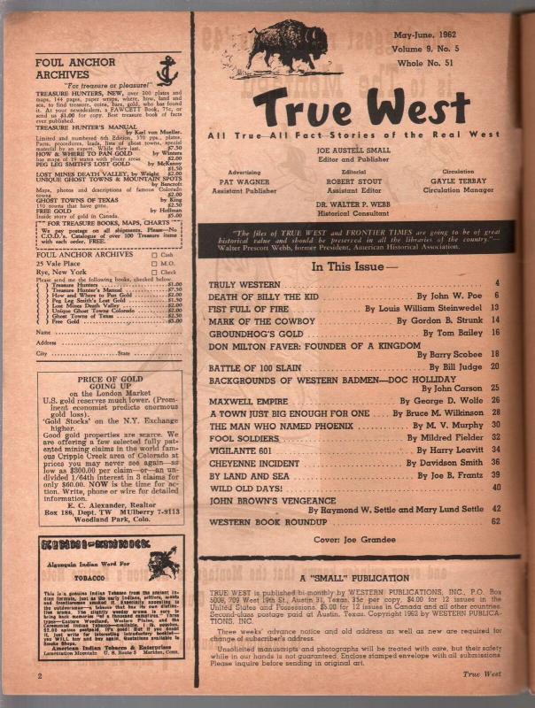 True West 5/1962-Pat Garrett-Billy the Kid-Joe Grandee-pulp thrills-G/VG