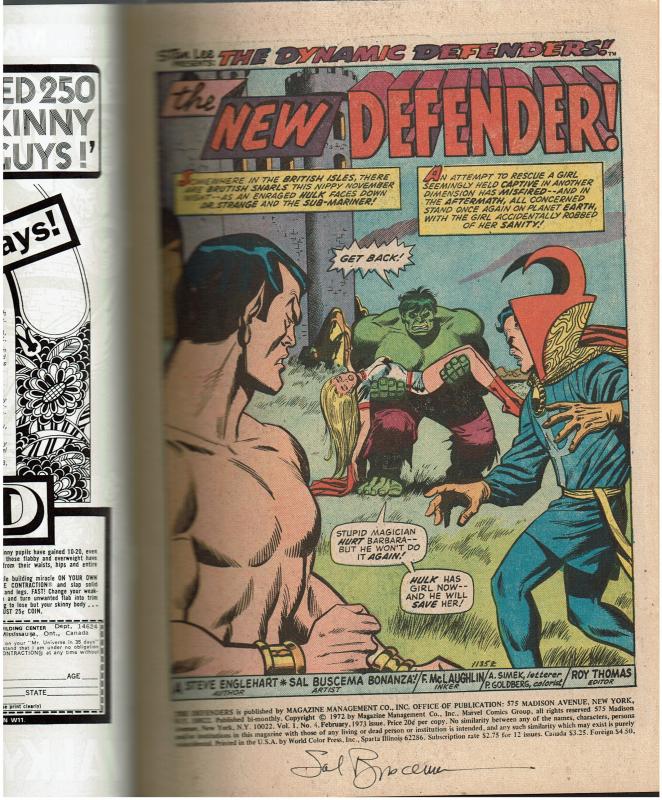 The Defenders #4, Signed Sal Buscema, 8.0 or Better, Valkyrie Joins
