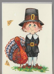 PILGRIM BOY with Turkey 3.5x5.25 #7915 Thanksgiving Greeting Card Art