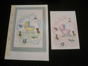 NEW BABY Boy & Girl in Carriage w/ Animals 2pcs 4.25x6.5 Greeting Card Art #1885 