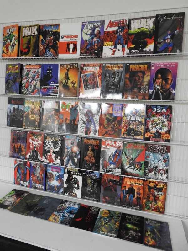 Huge Lot 48 TPB's W/ Avengers, Hulk, Batman, JLA, Spidey+ Avg VF- Condit...