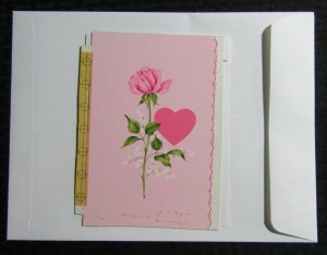 VALENTINES DAY Single Pink Rose with Heart 5x7.5 Greeting Card Art #V3532