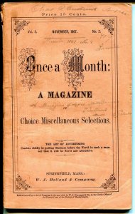 Once A Month Magazine 11/1867-pulp format-post Civil war-rare-VG