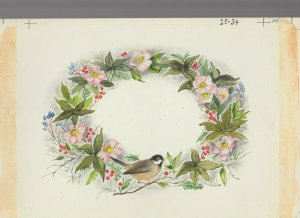 CHRISTMAS WREATH w/ Bird & Pink Flowers Holly 12x8 Greeting Card Art #2534
