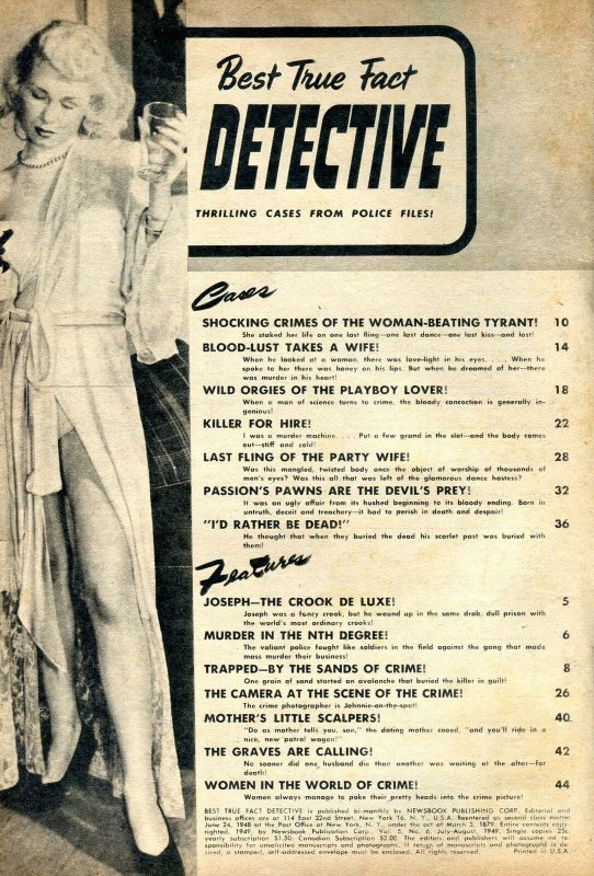 Best True Fact Detective Magazine July 1949- Playgirl Wife- Last Fling G 