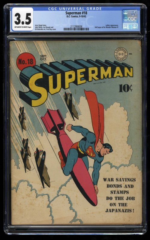 Superman #18 CGC VG- 3.5 Off White to White WWII War Cover!