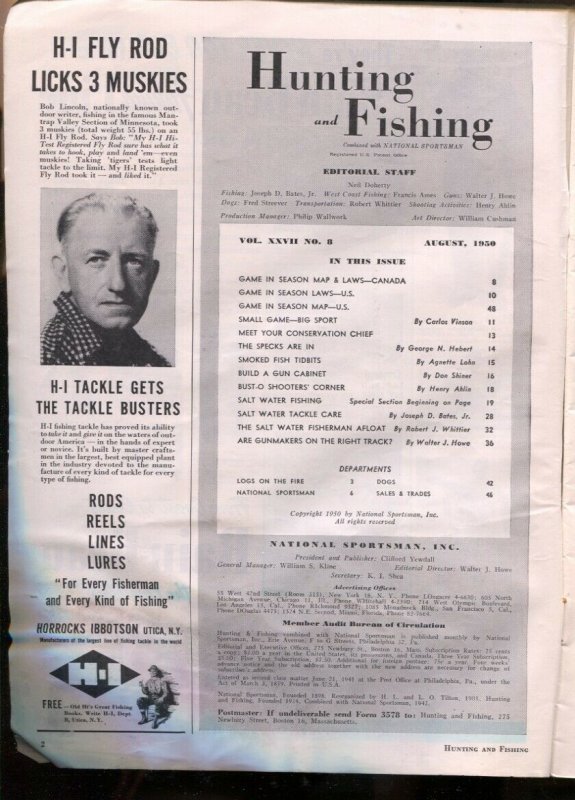 Hunting and Fishing 8/1950-National Sportsman-game laws-info-pix-ads-FR/G