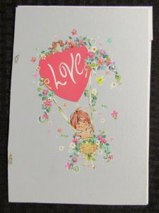 VALENTINES Cute Boy in Love Hot Air Balloon 6x8.5 Greeting Card Art #V3626