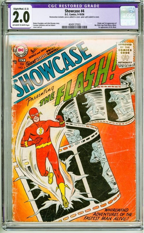 Showcase #4 CGC 2.0 Restored. Pieces added to cover, Spine Split sealed to cover