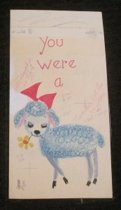 YOU WERE A LAMB Blue Sheep w/ Red Bow & Flower 4x8 Greeting Card Art #802