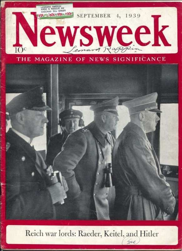 Newsweek 9/4/1939-Hitler-John Cobb-British bombers-WWII-VG
